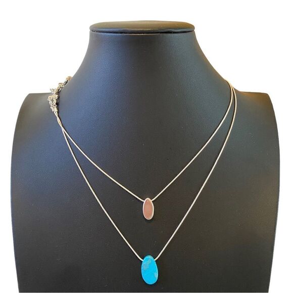 Turquoise Double Layer Necklace on Slinky Silver Chains. - Picture 1 of 5